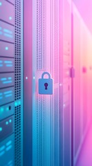 Close-Up of Server Lights with Holographic Lock Symbol Above Panel, Isometric Illustration of Cloud Data Center with Security Symbols, cybersecurity protocols, and cloud storage protection