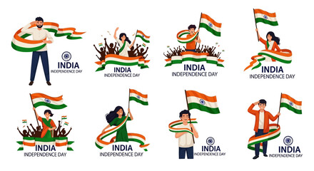 A collection of illustrations celebrating India's Independence Day, featuring people with flags.