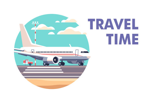 Airplane waits on the runway at an airport. Travel and vacation time. Vector illustration in a minimalistic style.