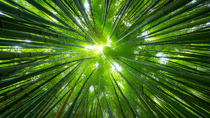 Obraz premium Breathtaking View of Lush Green Bamboo Forest from Below with Sunlight Streaming Through Tall Stalks and Leaves creating a Natural Canopy