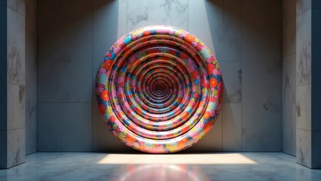 A vibrant, circular sculpture with hypnotic, colorful concentric rings in a minimalist marble hall.