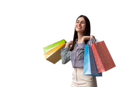 Cheerful woman holding multicolored shopping bags, experiencing retail therapy, expressing pure joy on transparent backdrop