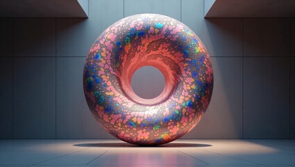 A large, iridescent torus sculpture with a textured, colorful surface sits in a minimalist concrete room.