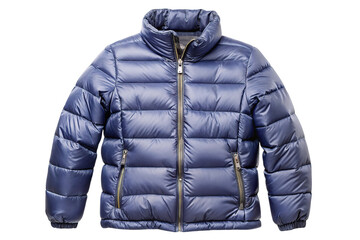 A stylish blue puffer jacket with a quilted design and full zip closure isolated on transparent background