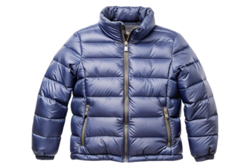 A stylish blue puffer jacket with a quilted design and full zip closure isolated on transparent background