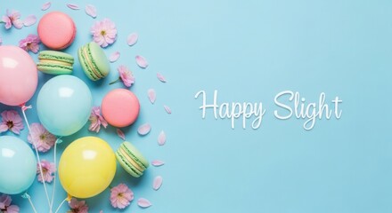 Easter eggs and macarons with cherry blossoms on a blue background