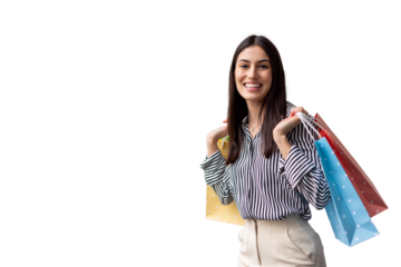 Happy customer smiling and holding colorful shopping bags on a transparent background, perfect for commercial projects
