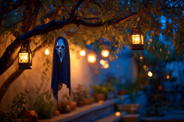 Scary halloween decorations outdoors at night close up