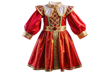 Ornate red and gold medieval queen or princess costume with puffed sleeves and intricate detailing isolated on transparent background