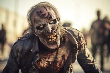 Zombie walk on the street. Horror movie. Halloween. Horror film. Zombie. Zombies. Halloween. Halloween Concept with Copy Space. Zombie Apocalypse Concept with Copy Space.