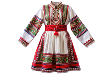 Traditional ukrainian folk dress with intricate embroidery and red belt isolated on transparent background