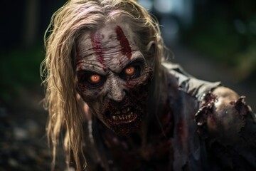 Obraz premium Zombie walk on the street. Horror movie. Halloween. Horror film. Zombie. Zombies. Halloween. Halloween Concept with Copy Space. Zombie Apocalypse Concept with Copy Space.