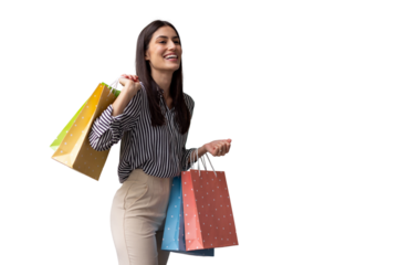Smiling female shopper holding multiple vibrant shopping bags, expressing joy while celebrating retail therapy success