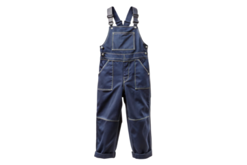 Classic blue denim bib overalls with adjustable straps and multiple pockets isolated on transparent background