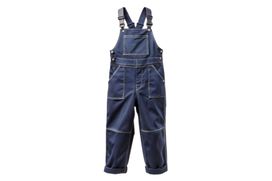 Classic blue denim bib overalls with adjustable straps and multiple pockets isolated on transparent background