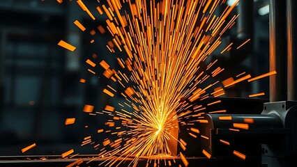 Dynamic metalworking scene with glowing sparks and motion blur, showcasing industrial energy under dramatic lighting.