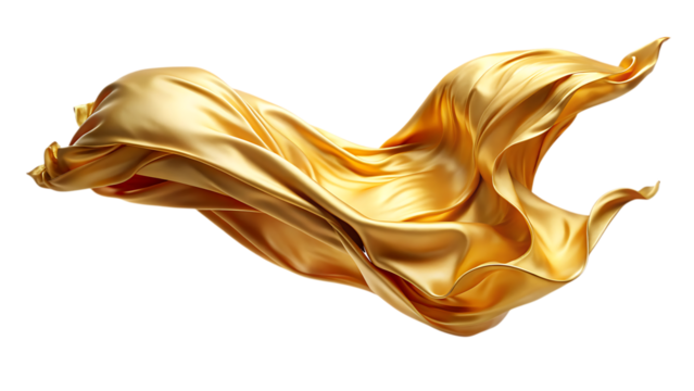 Flowing golden fabric material with soft folds and highlights isolated on a transparent background cloth