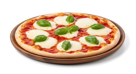 Delicious Margherita Pizza with Fresh Mozzarella and Basil Leaves Isolated on White Background Top View Appetizing Italian Food Dish Close-up