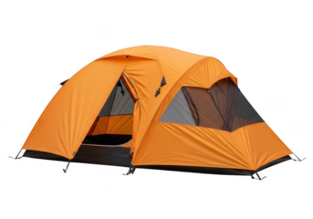 Bright orange dome tent for camping isolated on transparent background