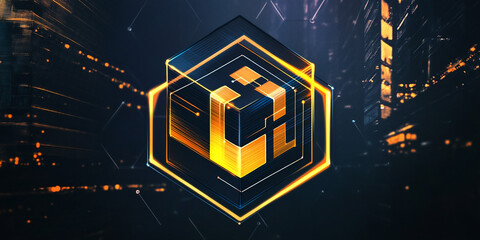 Modern tech cube logo with hex frame and data stream pulse vector design
