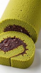 Delicious Green Tea Swiss Roll Cake with Red Bean Paste Filling