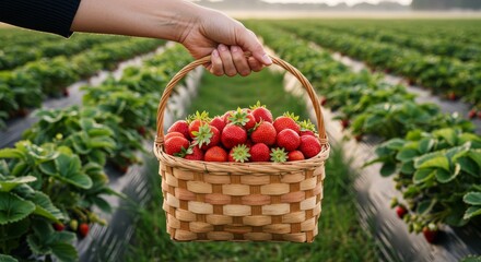  Strawberry Harvest in Outdoor Plantation under Warm Sunset Glow