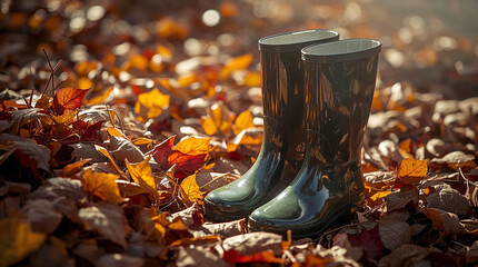 Green rubber boots placed on colorful autumn leaves 