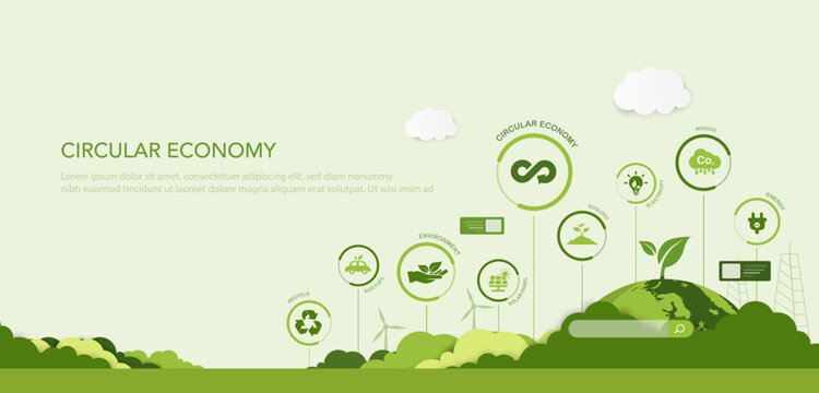 Circular Economy concept. circular economy for future growth of nature and environment sustainable. recycle, Sustainable industry with wind turbines and solar panels. Green energy vector illustration.