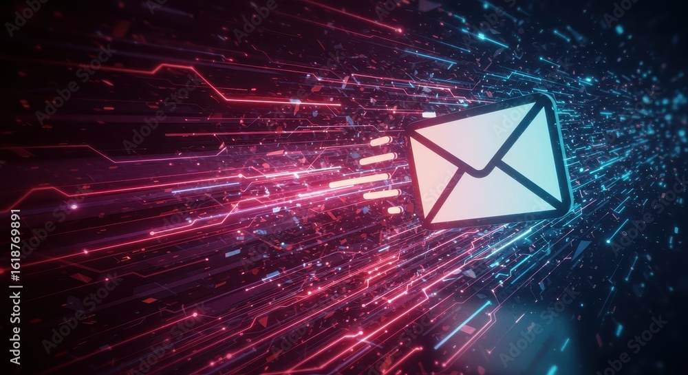 Poster digital correspondence: a depiction of a stylized envelope amid a complex tech network