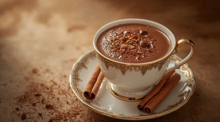Hot chocolate in white cup with cinnamon sticks on saucer  