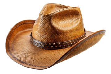A weathered brown cowboy hat with a decorative band sits isolated on a transparent background isolated on transparent background