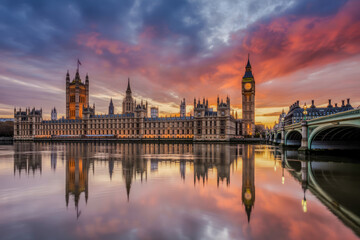 Naklejka premium Palace of Westminster Big Ben bridge sunset reflection
