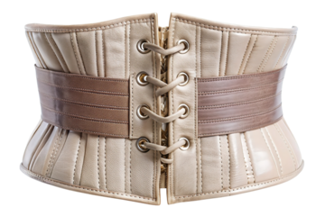 Antique steampunk corset with intricate lacing and textured waistband isolated on transparent background