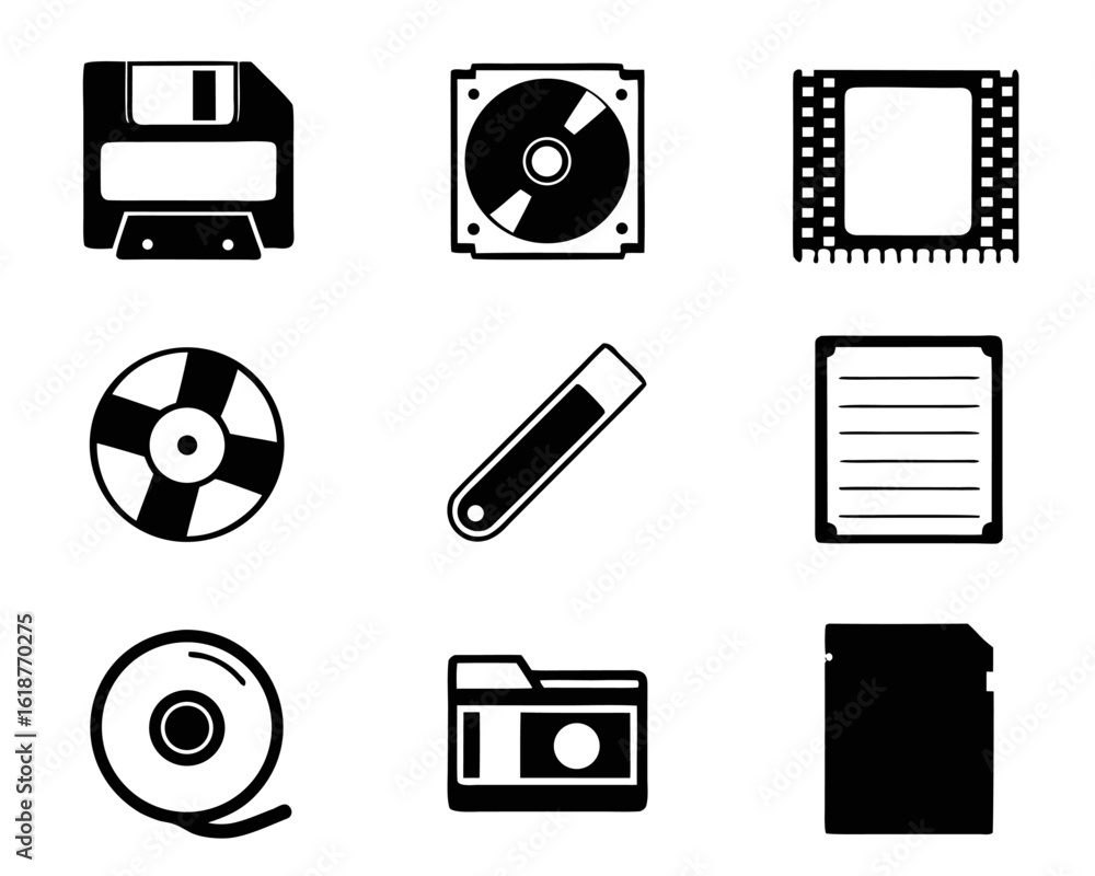 Poster collection of classic outline style icons representing various data storage and digital information 