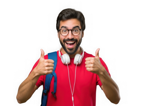 Excited student giving thumbs up with backpack isolated on transparent background