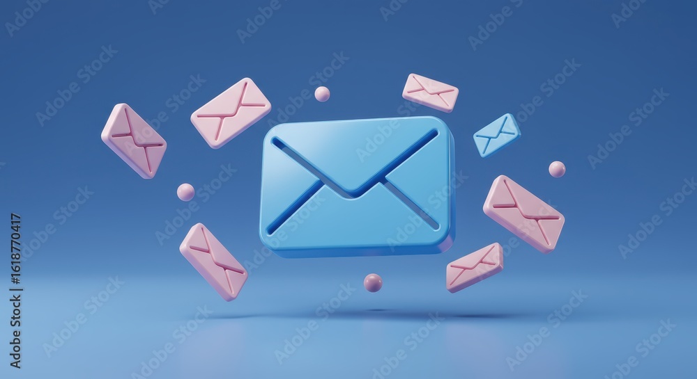 Poster 3d rendering of mail icons floating with a central larger blue envelope in the middle