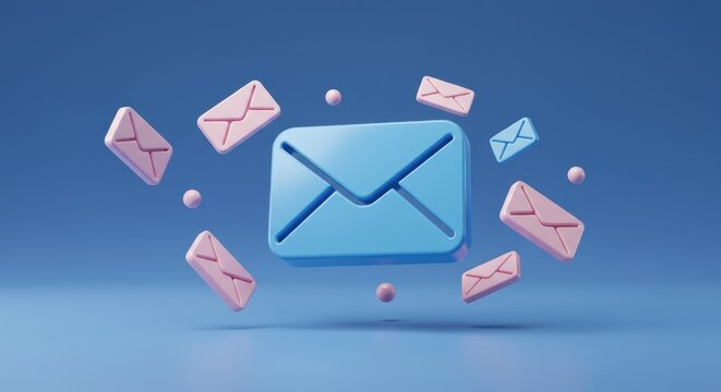 3D rendering of mail icons floating with a central larger blue envelope in the middle