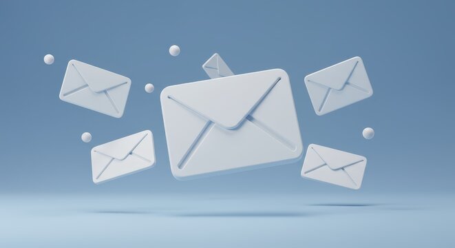 Minimalist email icon render floating on a light blue background creating a modern digital