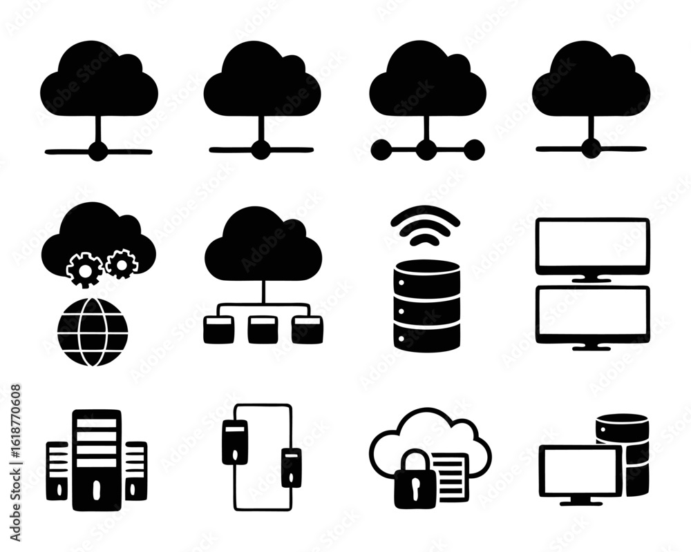 Poster comprehensive collection of cloud computing symbols and graphics depicting digital services data sto