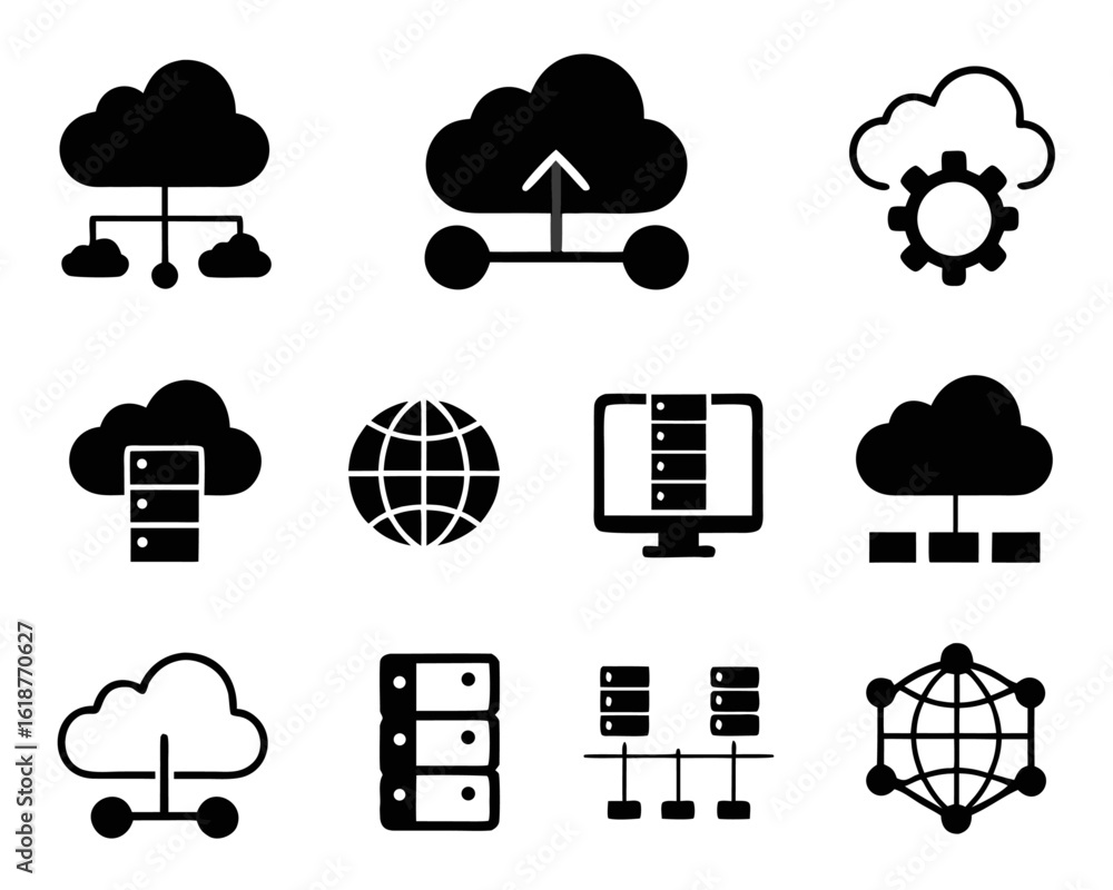 Poster comprehensive collection of cloud computing symbols and graphics showcasing various digital services