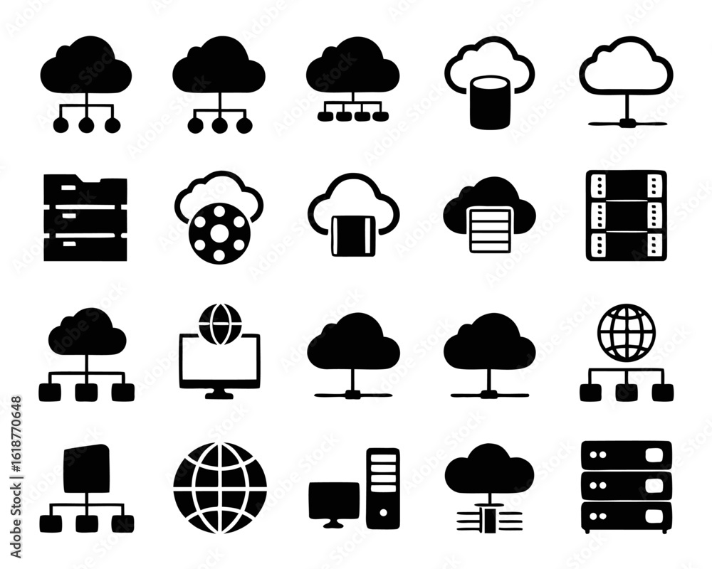 Poster comprehensive collection of modern cloud computing symbols and graphics representing digital service