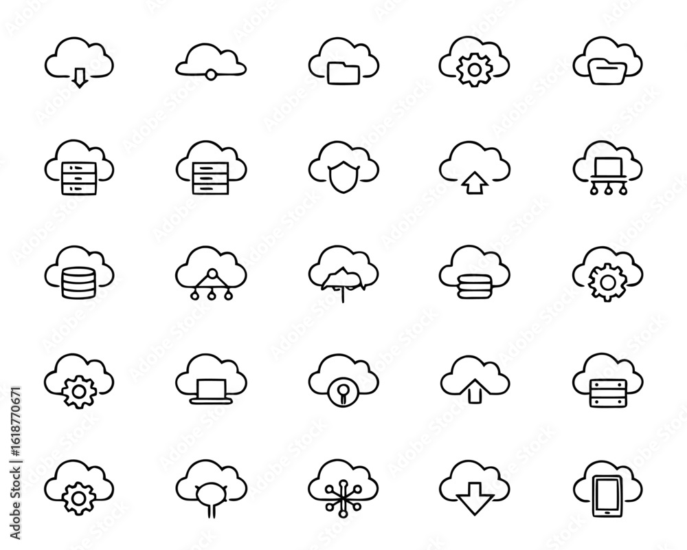 Poster comprehensive collection of modern cloud computing symbols and graphics representing digital service
