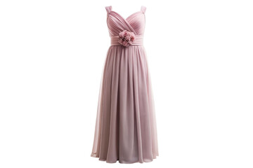 Elegant sleeveless floor length pale pink chiffon gown with floral waist detail isolated on transparent background