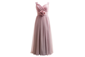 Elegant sleeveless floor length pale pink chiffon gown with floral waist detail isolated on transparent background
