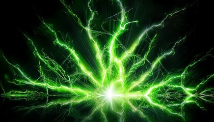 Fototapeta premium abstract impact of toxic green glowing lightning sparks effects anime on plain black background