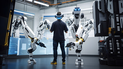 Human controls advanced bipedal robots in futuristic workshop