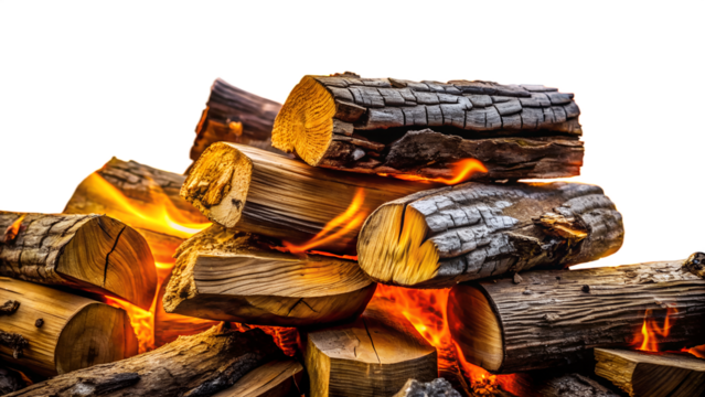A pile of burning logs with bright orange flames, Png isolated on transparent background