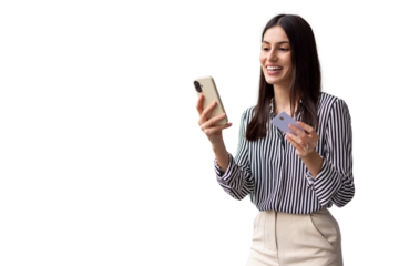 Professional businesswoman paying online, holding smartphone and credit card against neutral backdrop
