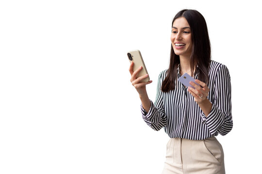 Professional businesswoman paying online, holding smartphone and credit card against neutral backdrop