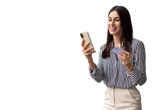 Professional businesswoman paying online, holding smartphone and credit card against neutral backdrop
